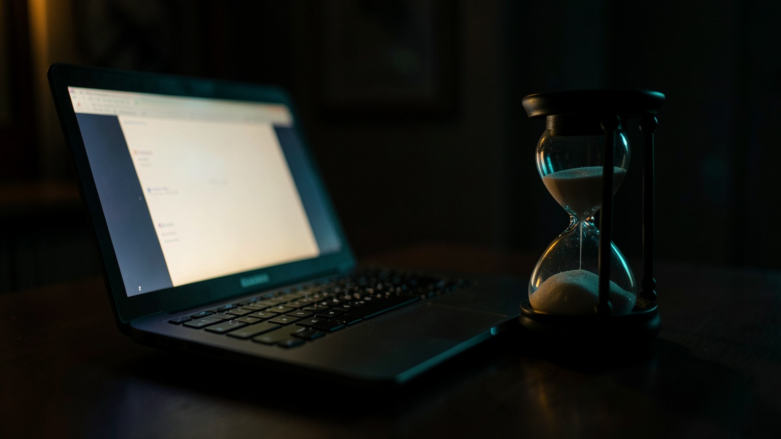 A laptop glowing in a dark room next to an antique hourglass with sand mid-fall, evoking the anxiety of watching a shared usage quota count down