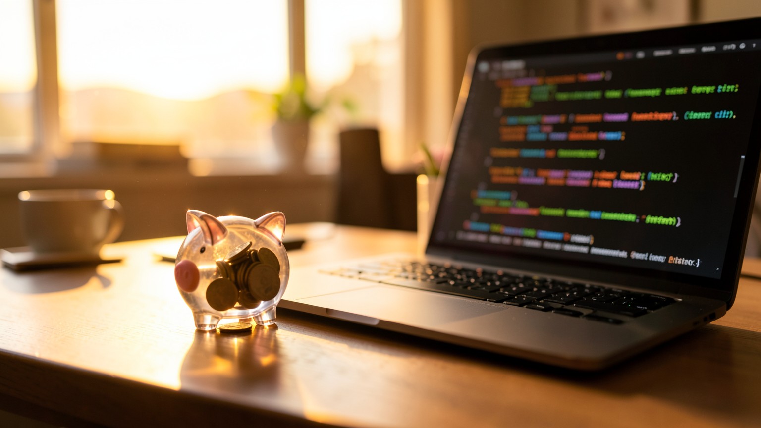 A small transparent piggy bank with a few coins next to a laptop showing code at sunrise, evoking a free, optimistic start with no card required
