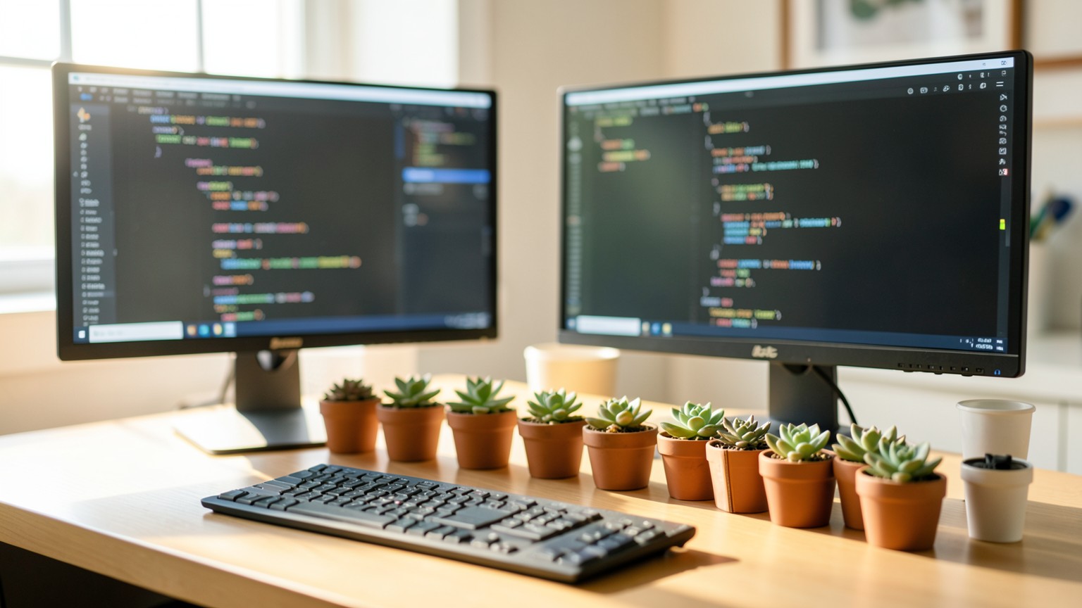An organized desk with two monitors showing code and a neat row of small potted succulents, evoking a calm, disciplined workflow